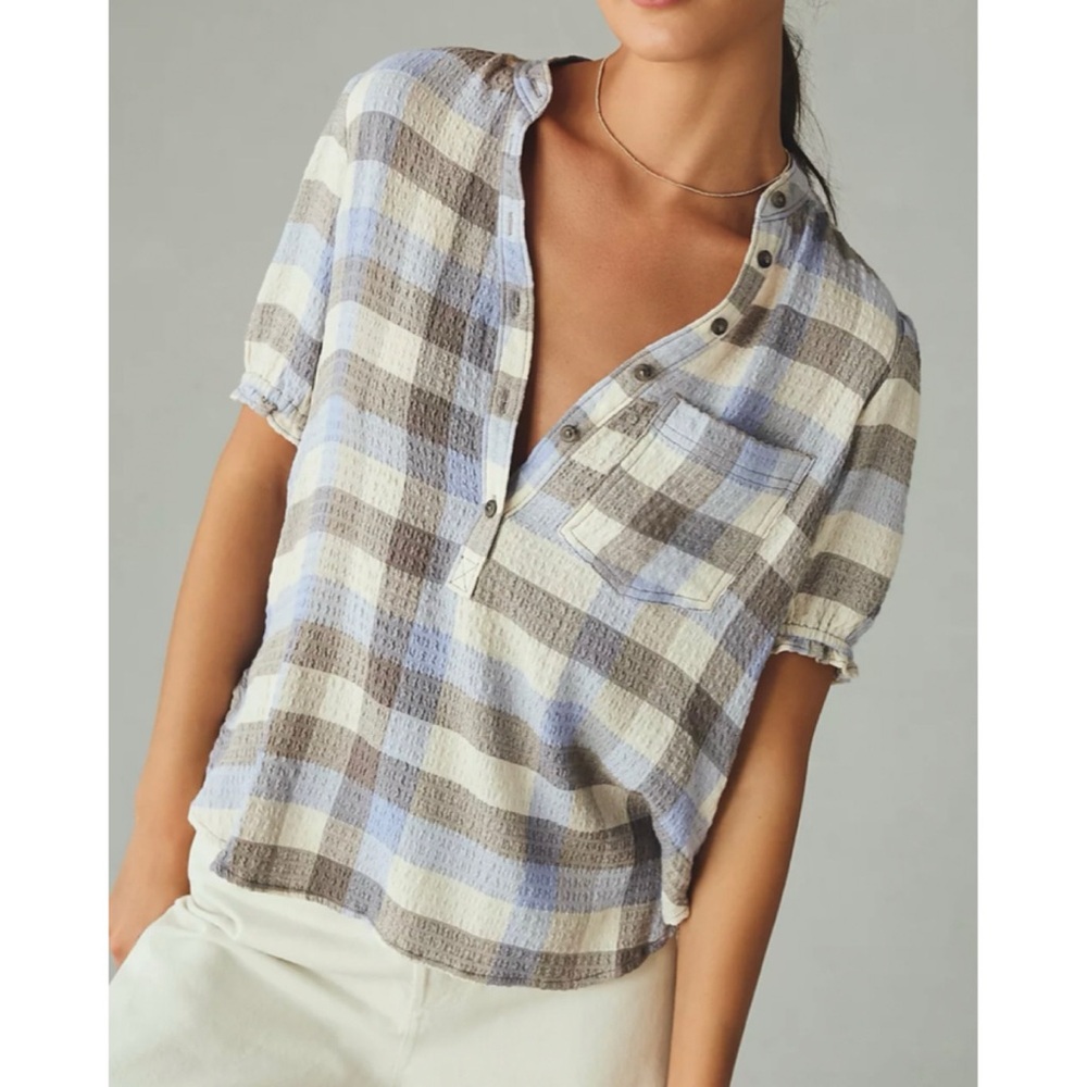 Anthropologie Plaid Popover Top in Blue, Cream & Taupe